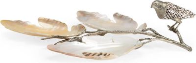 Tray Leaves and Bird Marble Shell Brass Silver-Plated Silver