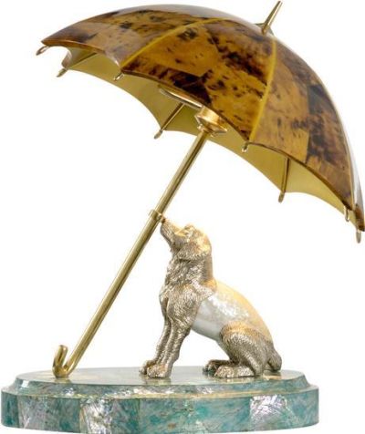 Table Lamp Dog and Umbrella 2-Light Yellow Crackled Cast Brass Silver-Plated