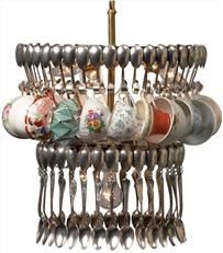 Teacup and Silver Spoon Chandelier, Artisan Hand Made, 2 Tiers, Upcycled Vintage