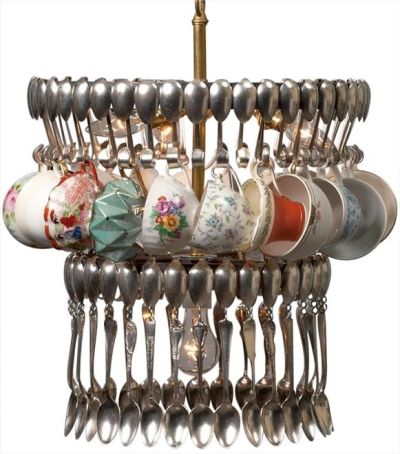 Teacup and Silver Spoon Chandelier, Artisan Hand Made, 2 Tiers, Upcycled Vintage