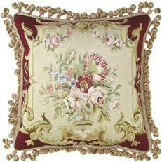 20x20 Aubusson Throw Pillow Hand-Woven Silk, Gold/Red Flowers, Tassel Trim