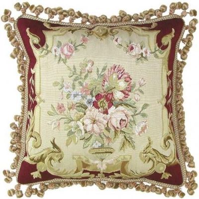 20x20 Aubusson Throw Pillow Hand-Woven Silk, Gold/Red Flowers, Tassel Trim