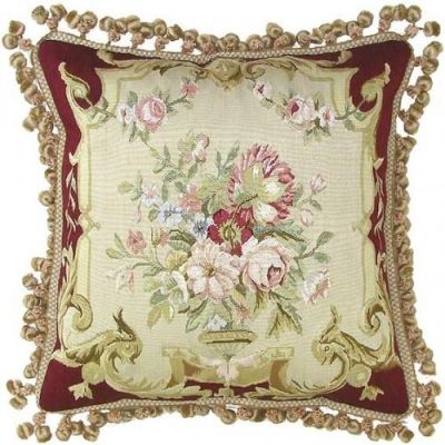 20x20 Aubusson Throw Pillow Hand-Woven Silk, Gold,Red Flowers, Tassel Trim