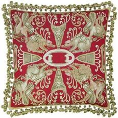 Aubusson Throw Pillow 24x24 Handwoven Silk Dupioni 8 Beasts Red Gold