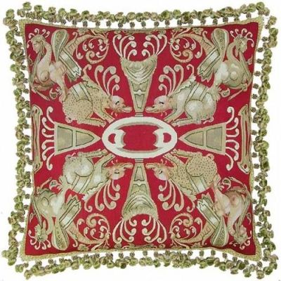 Aubusson Throw Pillow 24x24 Handwoven Silk Dupioni 8 Beasts Red Gold