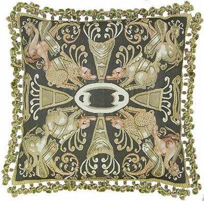 Aubusson Throw Pillow 24x24 Handwoven Silk Dupioni 8 Beasts Black Gold