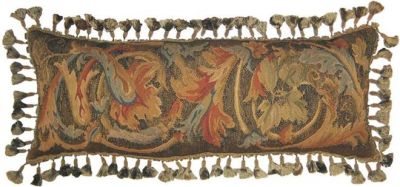 Aubusson Throw Pillow 14x36 Handwoven Wool Brown/Beige/Tan Flourishes