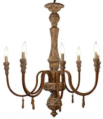 8-Arm Chandelier Rustic Distressed Hand-Painted Wood, Oxidized Iron Metal