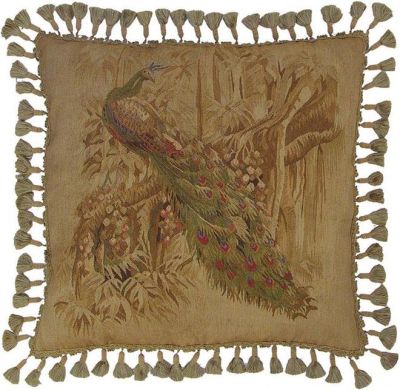 Aubusson Throw Pillow 24x24 Peacock Facing Left, Gold Handwoven Fabric