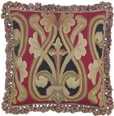 Aubusson Throw Pillow 22x22 Floral Emblem Handwoven Fabric, Red/Hot Pink