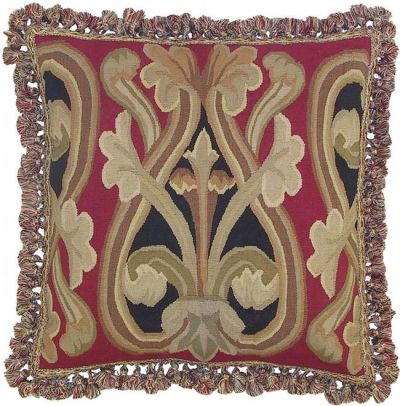 Aubusson Throw Pillow 22x22 Floral Emblem Handwoven Fabric, Red/Hot Pink