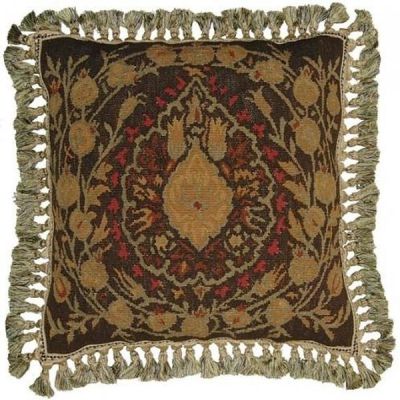 Aubusson Throw Pillow 22x22 Handwoven Wool Abstract Flowers Red/Brown