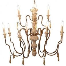 Large Chandelier 2-Tier Hand-Carved Turned Wood Old Gold, Metal Arms