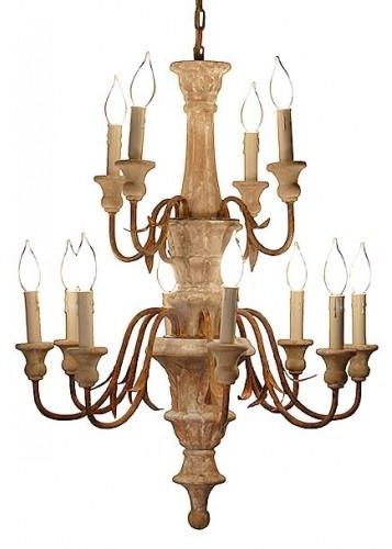 2-Tier Chandelier Turned Wood Hand-Carved, Oxidized Metal Beige,White
