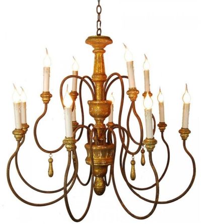 Chandelier Turned Rustic Gold Oxidized Painted Distressed Metal Han