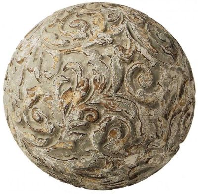 Decorative Ball Round Distressed Antique Gray White Wood Hand-Carved Carv