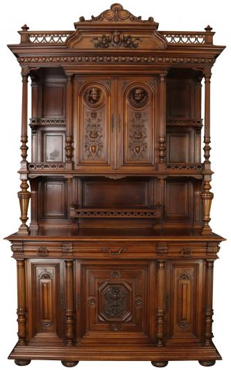 Cabinet Antique French 1900 Merry Faces Carved Walnut Wood Heart Gallery