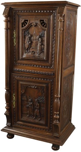 Cabinet Brittany Antique French 1890 Chestnut Heavily Carved Figures Country