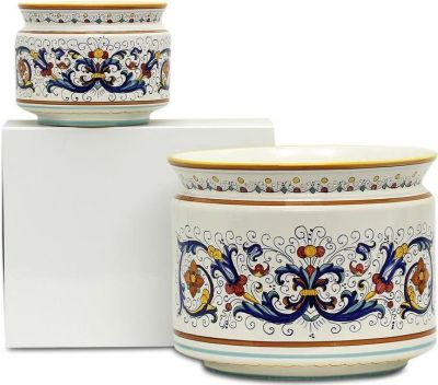Cachepot Planter Vase Deruta Majolica Cylindrical Cover Small Light Beige Blue