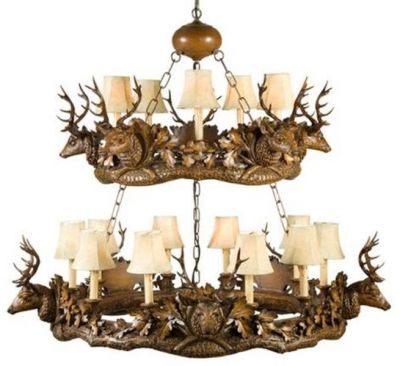 Chandelier 10 Stag Heads Deer Rustic 2-Tier OK Casting 15 Candelabra Light