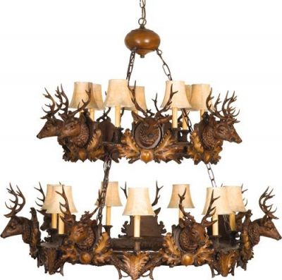 Chandelier 14 Stag Heads Deer Rustic 2-Tier OK Casting 14 Candelabra Light