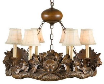 Chandelier 3 Bear Heads Hand-Cast Made in USA OK Casting Linen Shade 6-Light
