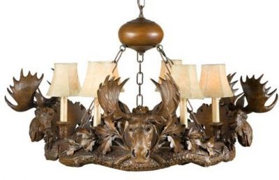 Chandelier 3 Moose Heads 6-Light Hand-Cast Resin OK Casting Faux Leather Shades