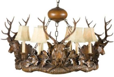 Chandelier 3 Royal Stag Heads Deer 6-Light Hand-Cast OK Casting Faux Leather