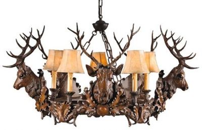 Chandelier 5 Royal Stag Heads Deer 5-Light Hand-Crafted OK Casting Faux Leather