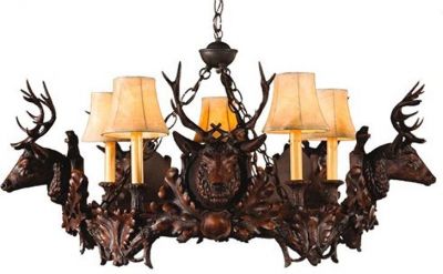 Chandelier 5 Small Stag Heads Deer 5-Light Hand-Crafted OK Casting Faux Leather