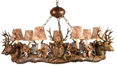 Chandelier Lodge 7 Small Stag Head Deer 7-Light Feather Pattern Shades Cast