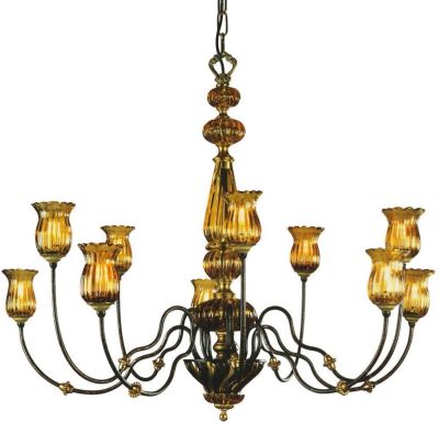 Chandelier ALBA 10-Light Silver Leaf Gold Siler Mouth-Blown Murano Glass Wood