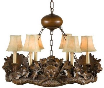 Chandelier Bear Heads 6-Light Hand-Cast Made in USA OK Casting Faux Leather