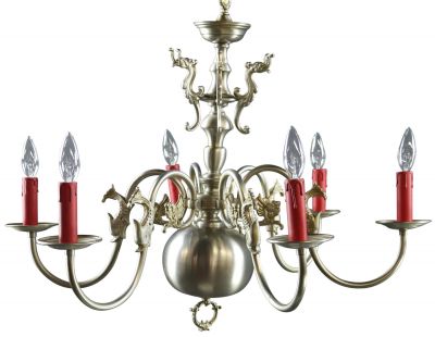 Chandelier Flemish Angels Fish 6-Arm 6-Light Nickel Metal Red Vintage 1950