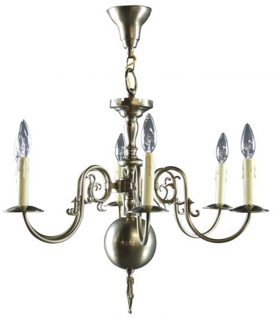 Chandelier Flemish Eagle Motif 6-Light 6-Arm Nickel Tone Metal 1950 Candelabra