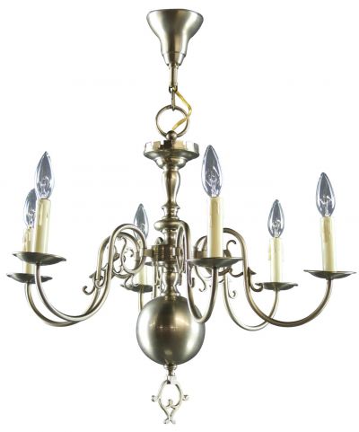 Chandelier Flemish Vintage 6 Arms 6 Lights Metal Nickel Pewter Tone Graceful