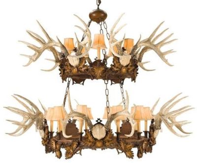 Chandelier Antlers Whitetail Deer 2-Tier Tiered White Cast Resin Faux Leather