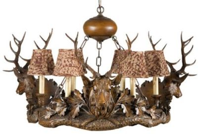 Chandelier MOUNTAIN Rustic Royal Stag Head Deer 6-Light Feather Pattern Resin