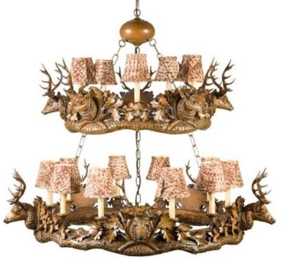 Chandelier MOUNTAIN Rustic Stag Head Deer 2-Tier Tiered Feather Pattern Resin