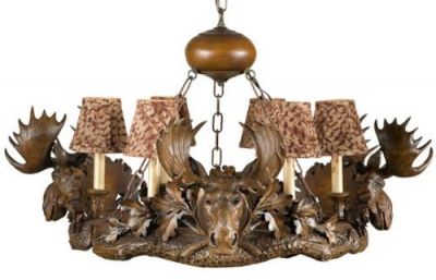 Chandelier Moose Heads 6-Light Hand-Cast OK Casting Feather Pattern Shades