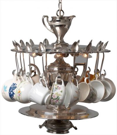 Chandelier Pendant Vintage 18 Teacups Spoons Silver Hand-Crafted 4-Light