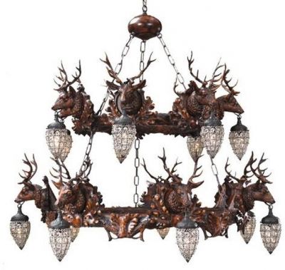 Chandelier Rustic Stag Heads Deer 10-Light Crystal 2-Tier Hand-Cast OK Casting