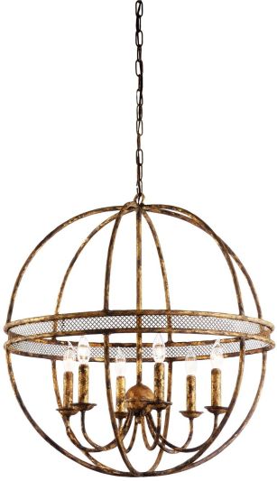 Chandelier Sphere 6-Light Old Gold Leaf Antique Iron Hand-Formed Candelabra E12