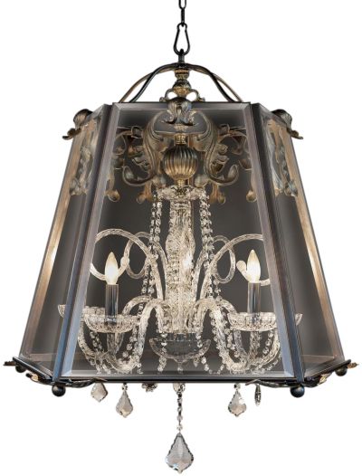 Chandelier St. Michel Luna Bella Iron Silver Hand-Painted Glass Panels 5-Arm