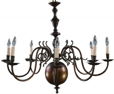 Chandelier Vintage Flemish 8-Arm 8-Light Copper Metal Vase and Ball Design