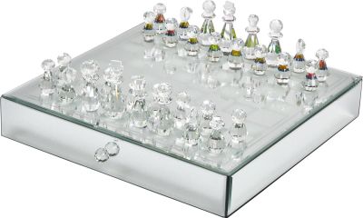 Chess and Checker Set GLAM Modern Contemporary Clear Frosted Silver Amber