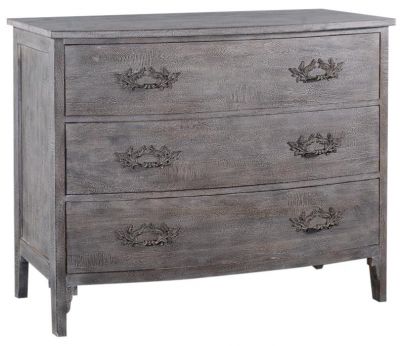 Chest Swedish Bow Front Weathered Gray Wood, Three Deep Drawers Brass Hardware
