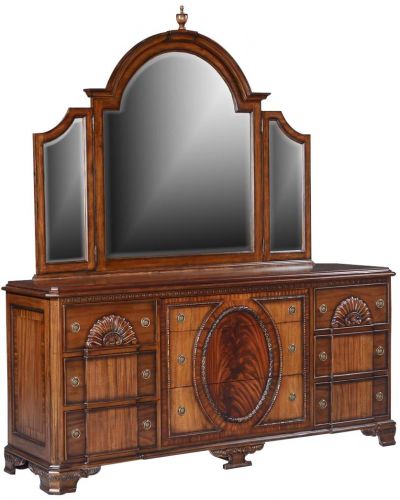 Chest of Drawers Flame Mahogany Lion Heads Carved Shell TriFold Mirror 6-Drawer
