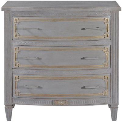 Chest of Drawers Plazzio Louis XVI French Pewter Gray Gold Accents, Wood Brass