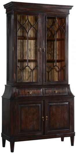 China Cabinet Rosalind Classic Solid Wood Dark Rustic Pecan Fretwork Doors